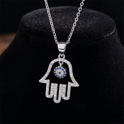 Rhodium on Sterling Silver Blue Paved CZ Evil Eye Hamsa Hand of Fatima Pendant