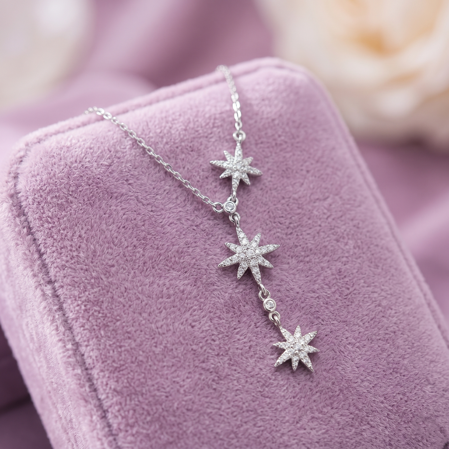 Sterling Silver CZ Sunlight Star Sunburst Drop Y Shape Tassel Necklace 41cm - 44cm