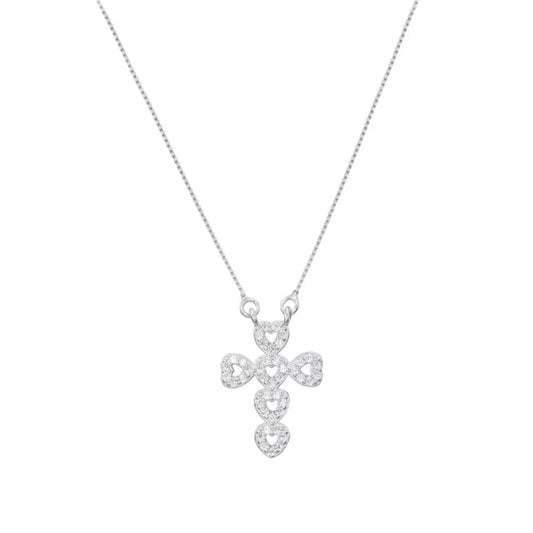 Sterling Silver Hollow Heart Cross Love Micro Pave CZ Pendant Necklace 45cm 17.7''