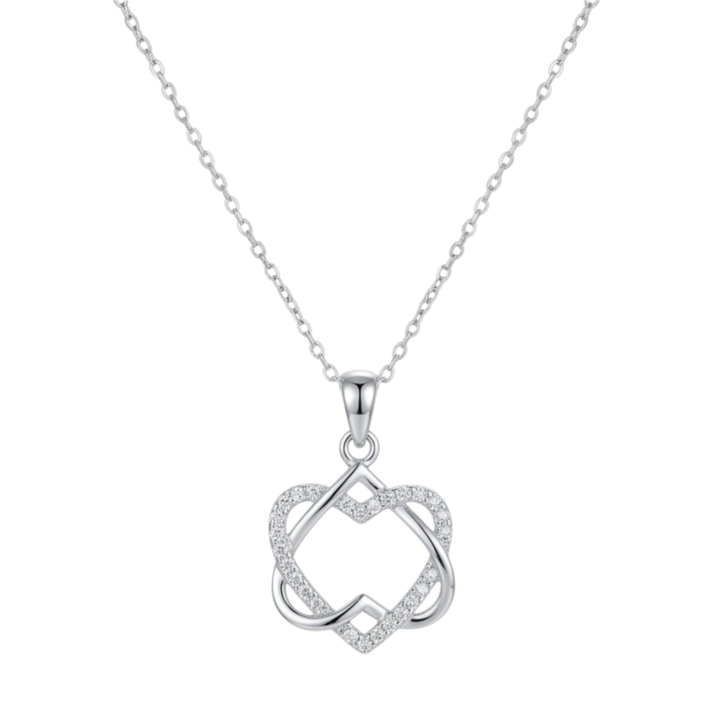 Sterling Silver Double Floating Intertwined Twisted Knot Love Heart Necklace