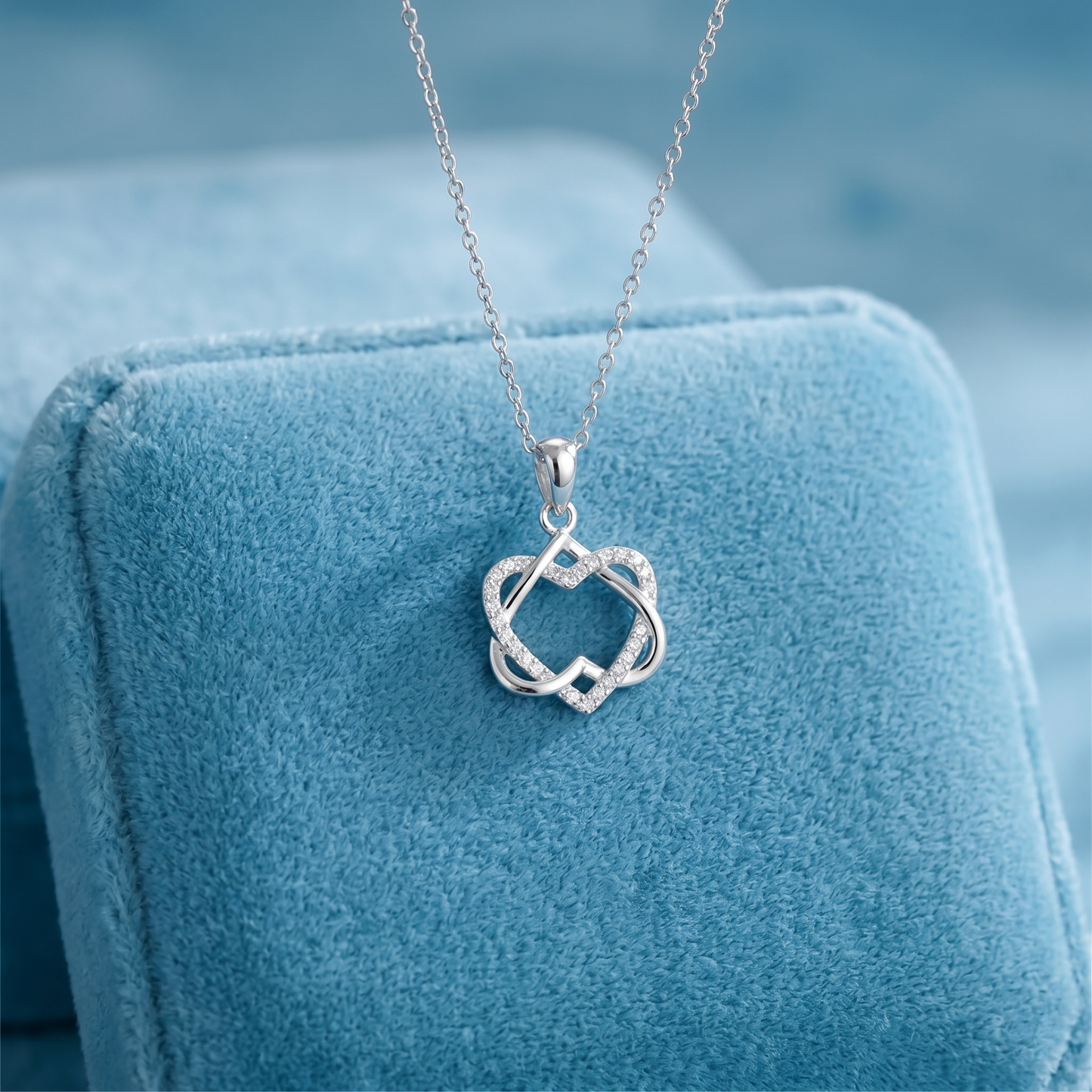 Sterling Silver Double Floating Intertwined Twisted Knot Love Heart Necklace
