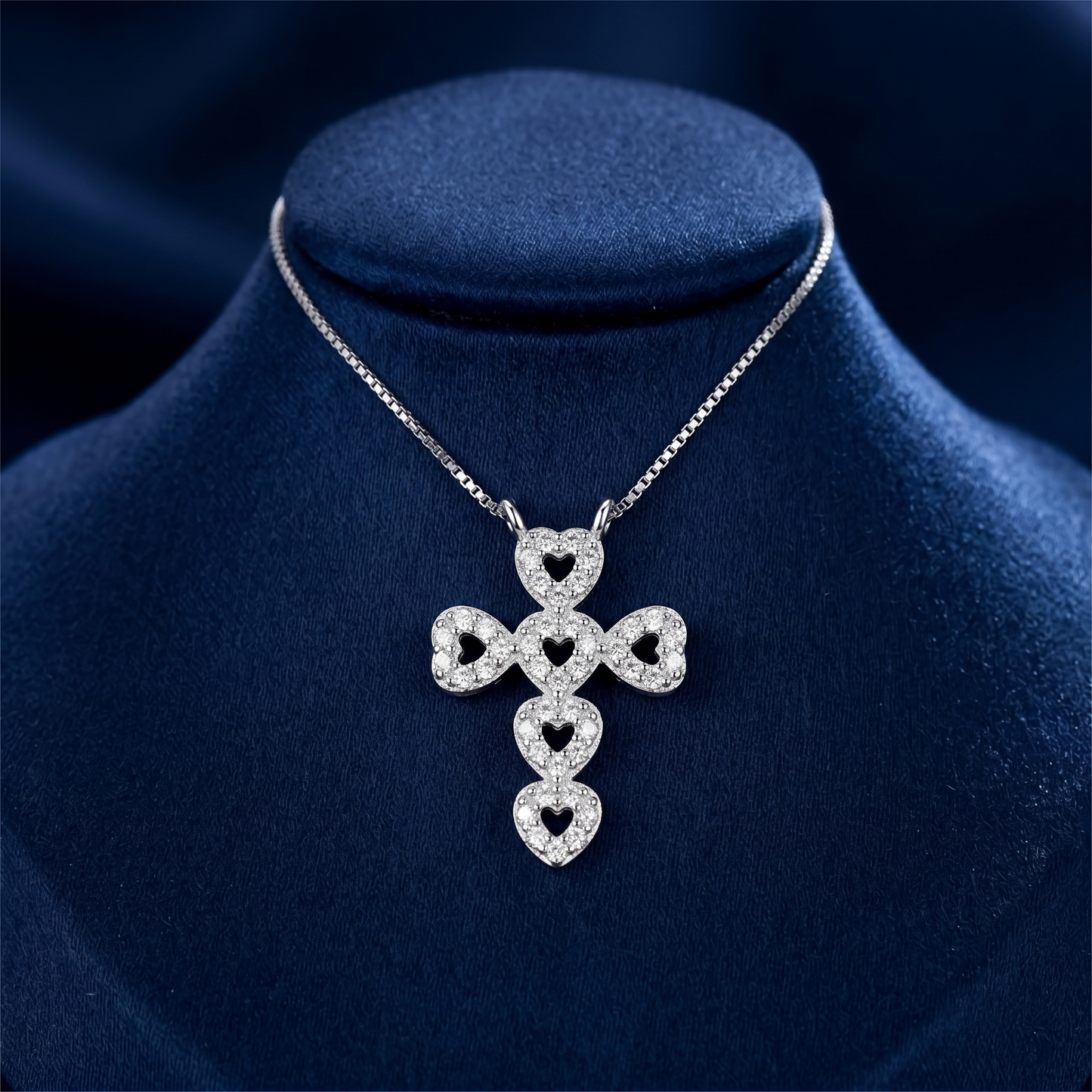 Sterling Silver Hollow Heart Cross Love Micro Pave CZ Pendant Necklace 45cm 17.7''