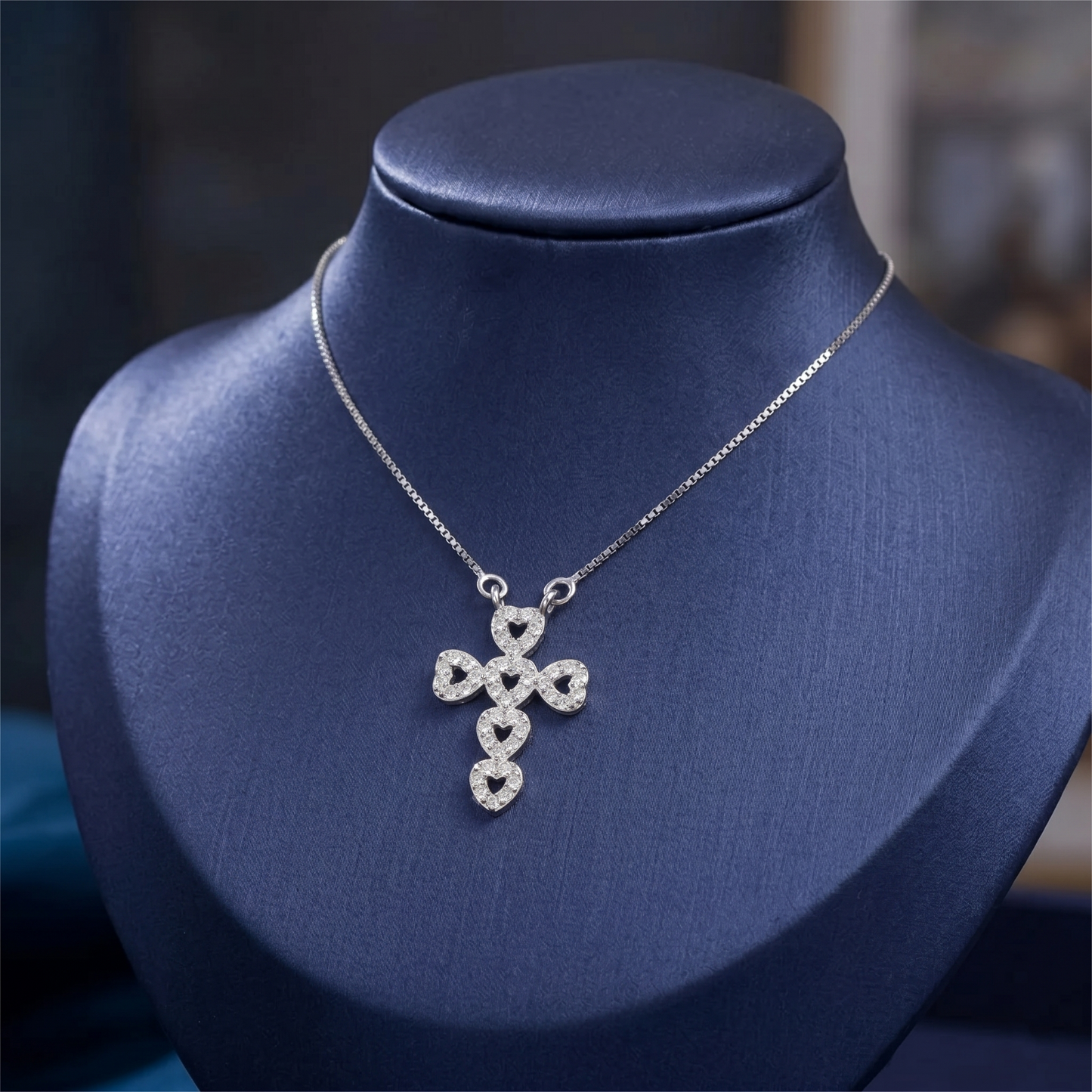 Sterling Silver Hollow Heart Cross Love Micro Pave CZ Pendant Necklace 45cm 17.7''