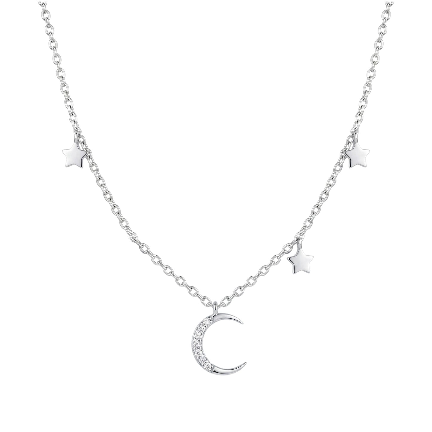 Mini Moon & Star CZ Choker with silvertone chain, crescent moon and star charms