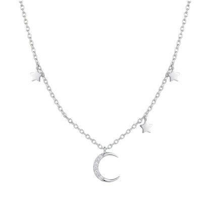 Mini Moon & Star CZ Choker with silvertone chain, crescent moon and star charms