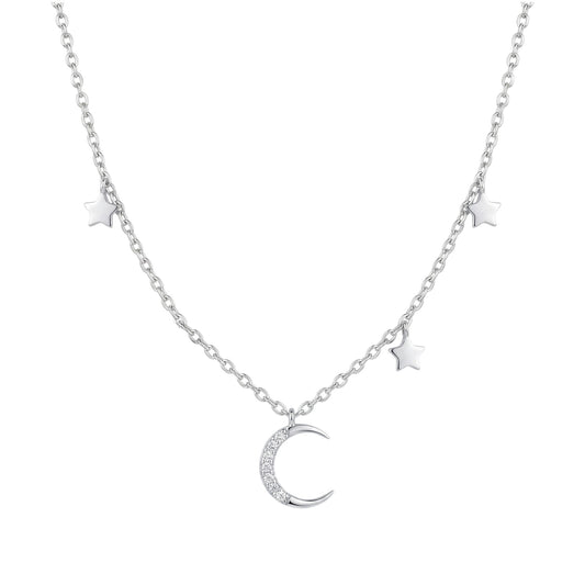 Rhodium on Sterling Silver Mini Moon Star CZ Crescent Charm Drop Choker Necklace 32.5 - 39cm 15.4''