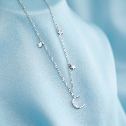 Mini Moon & Star CZ Choker detail: small star charms along a fine chain