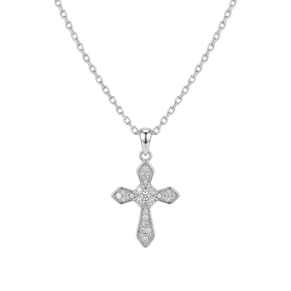 Rhodium on Sterling Silver Passion Cross Diagonal Cross Centre Paved CZ Pendant Necklace 43cm 17''