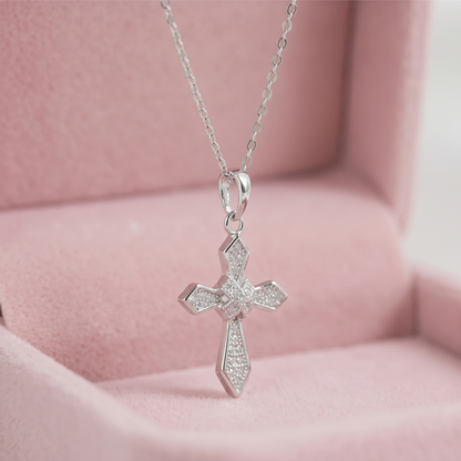 Rhodium on Sterling Silver Passion Cross Diagonal Cross Centre Paved CZ Pendant Necklace 43cm 17''