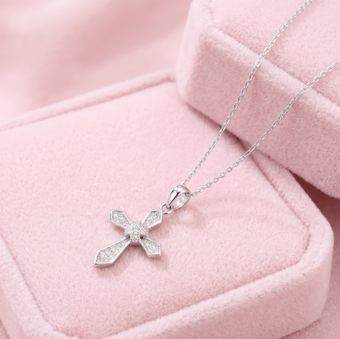 Rhodium on Sterling Silver Passion Cross Diagonal Cross Centre Paved CZ Pendant Necklace 43cm 17''