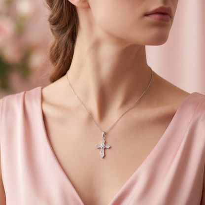 Rhodium on Sterling Silver Passion Cross Diagonal Cross Centre Paved CZ Pendant Necklace 43cm 17''