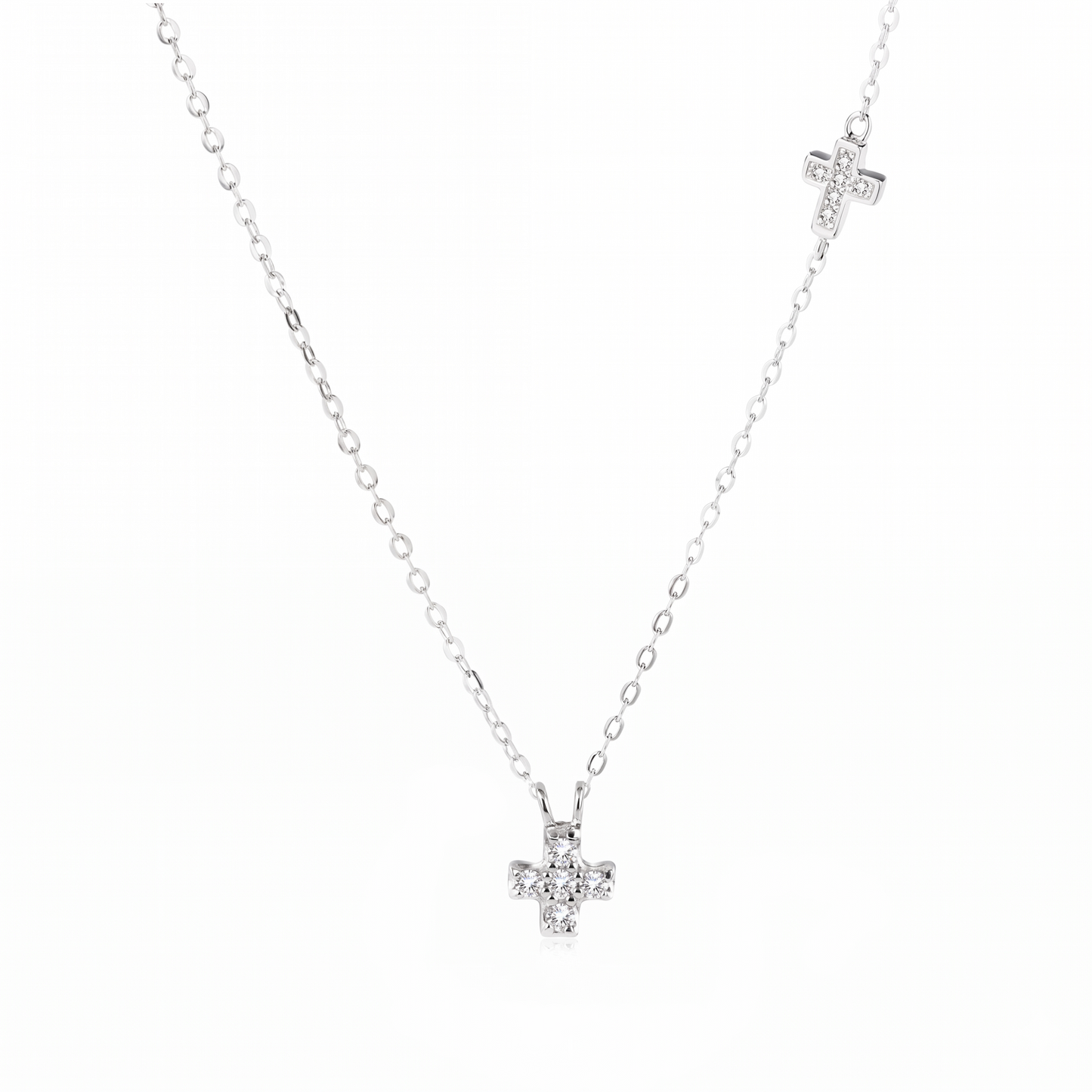 Rhodium on Sterling Silver Mini Double Cross Micro Pave CZ Sideways Horizontal Charms Necklace 40 - 43.5cm 17''