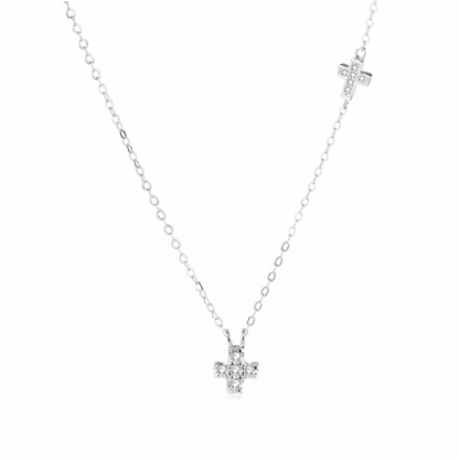 Rhodium on Sterling Silver Mini Double Cross Micro Pave CZ Sideways Horizontal Charms Necklace 40 - 43.5cm 17''