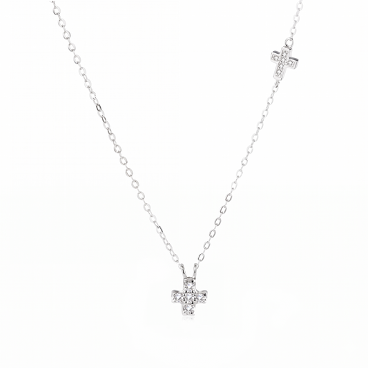 Rhodium on Sterling Silver Mini Double Cross Micro Pave CZ Sideways Horizontal Charms Necklace 40 - 43.5cm 17''