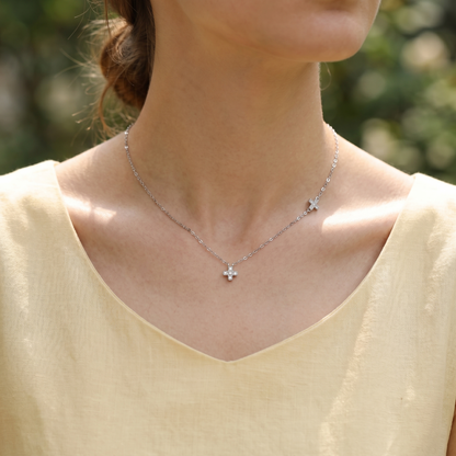 Rhodium on Sterling Silver Mini Double Cross Micro Pave CZ Sideways Horizontal Charms Necklace 40 - 43.5cm 17''