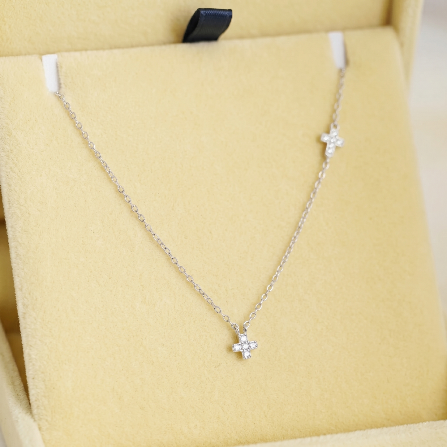 Rhodium on Sterling Silver Mini Double Cross Micro Pave CZ Sideways Horizontal Charms Necklace 40 - 43.5cm 17''