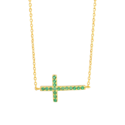 Gold on Sterling Silver Sideways Cross Green CZ Horizontal Pendant Necklace