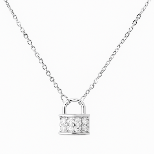 Sterling Silver CZ Paved Padlock Petite Lock Charm Pendant Necklace 44cm