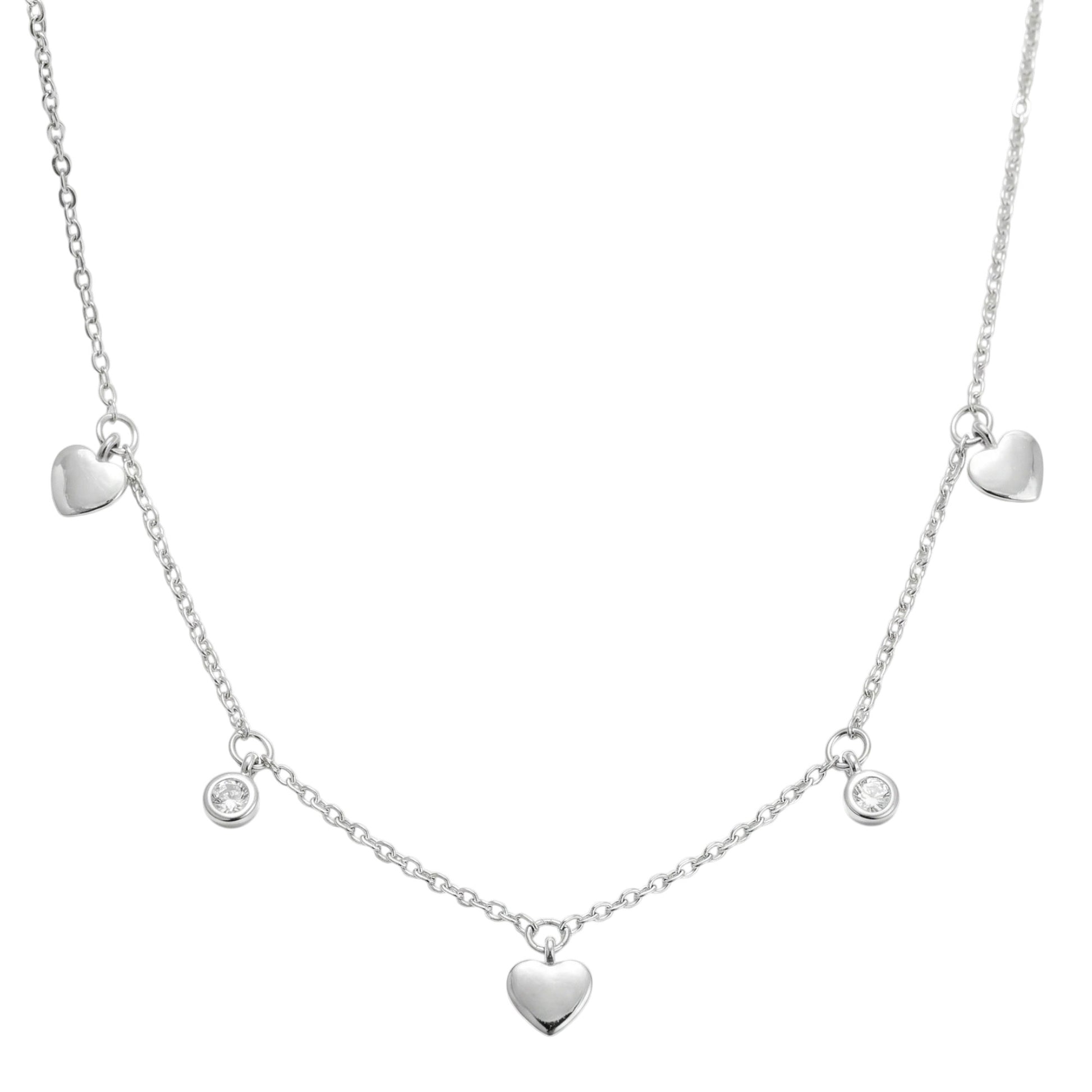 Mini Heart CZ drip choker with small heart charms and round CZ accents, silver-tone chain