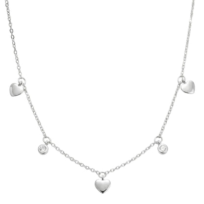 Mini Heart CZ drip choker with small heart charms and round CZ accents, silver-tone chain