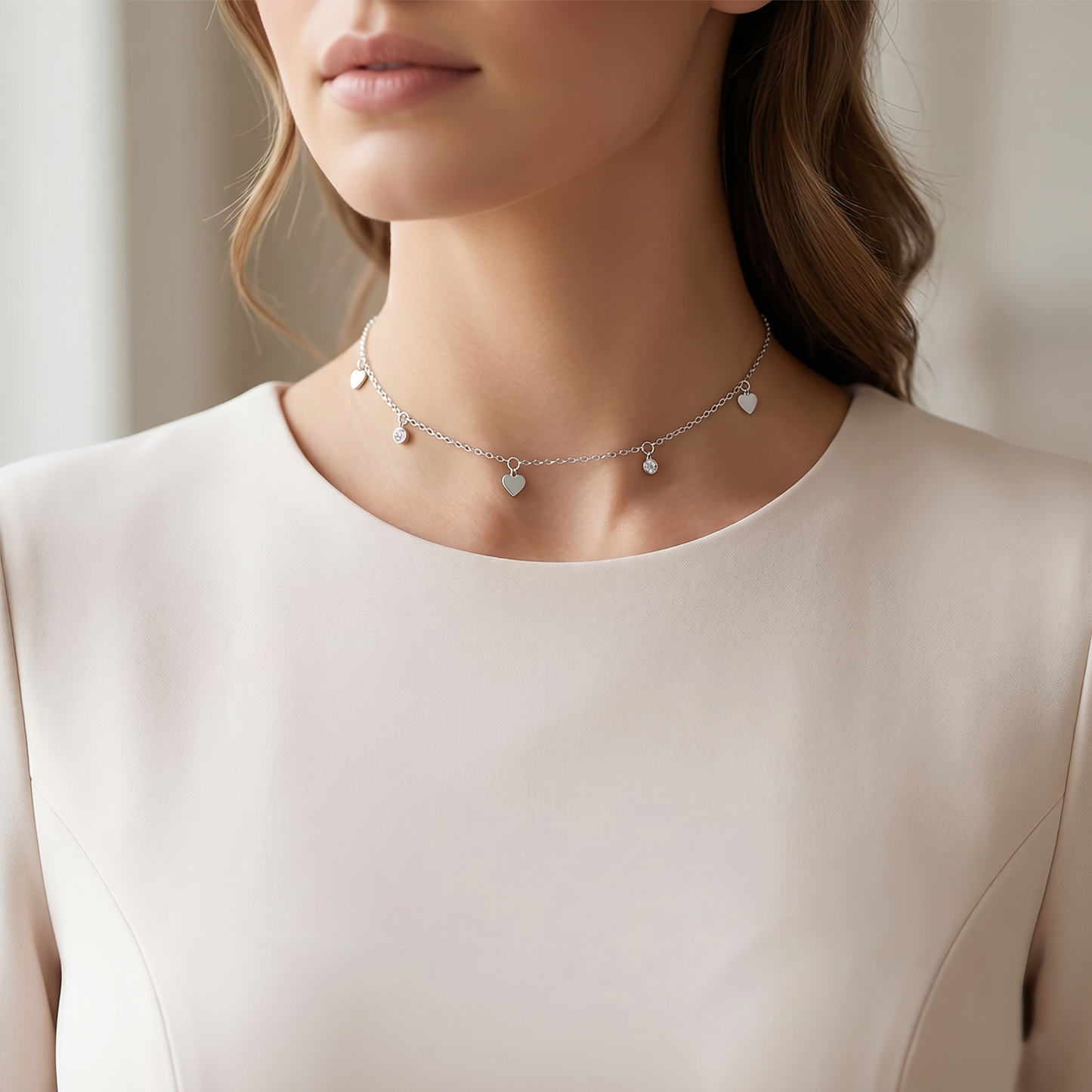 Mini heart CZ choker worn by model, silver chain with mini heart and round CZ charms
