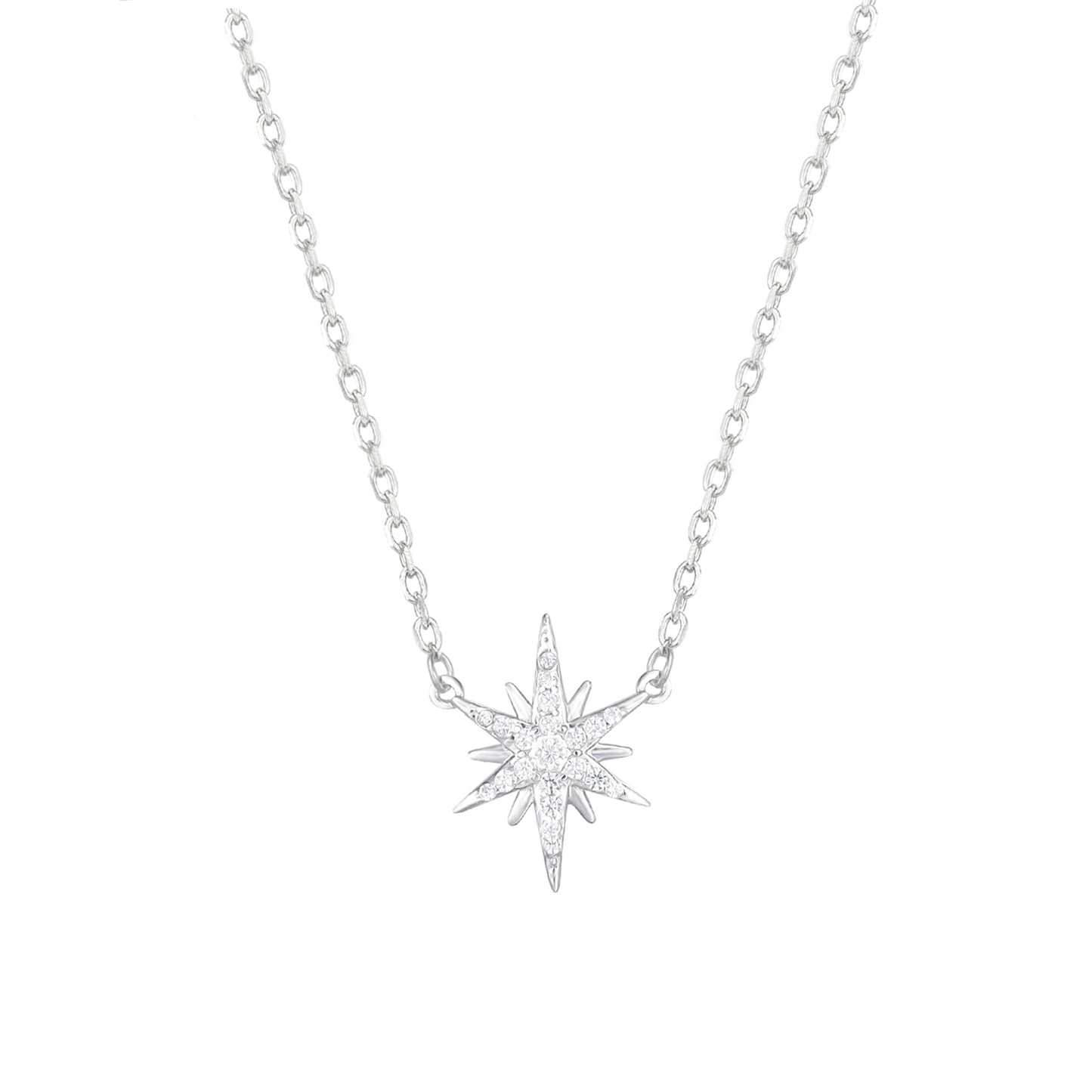 Sterling Silver Rhodium-Plated Sunburst Necklace with CZ Paved Star Charm - sugarkittenlondon