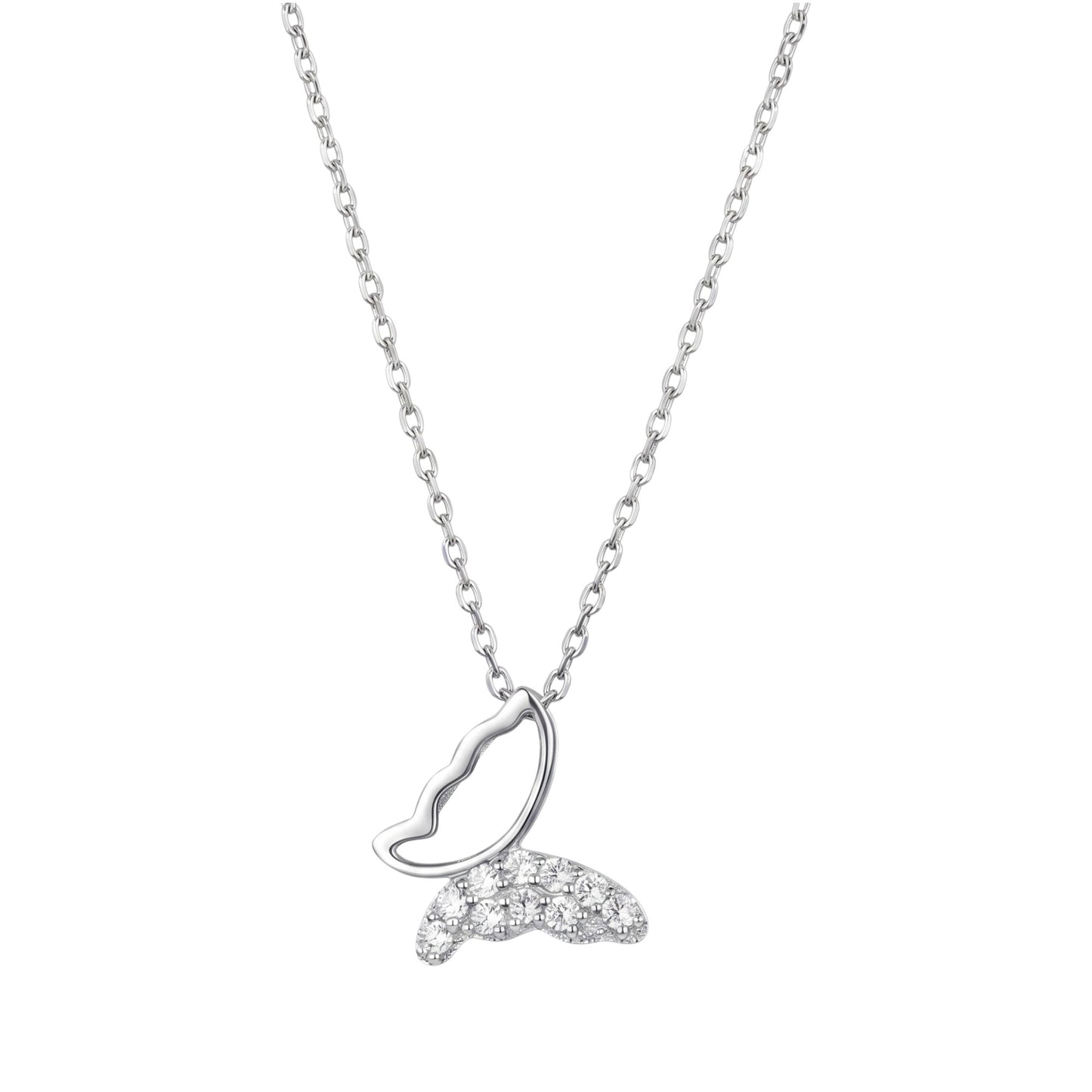 Rhodium on Sterling Silver Butterfly Charm Half Paved CZ Crystal Necklace Jewellery 45cm 17.7''