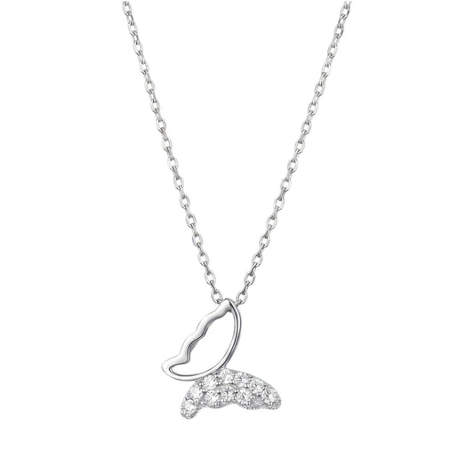 Rhodium on Sterling Silver Butterfly Charm Half Paved CZ Crystal Necklace Jewellery 45cm 17.7''