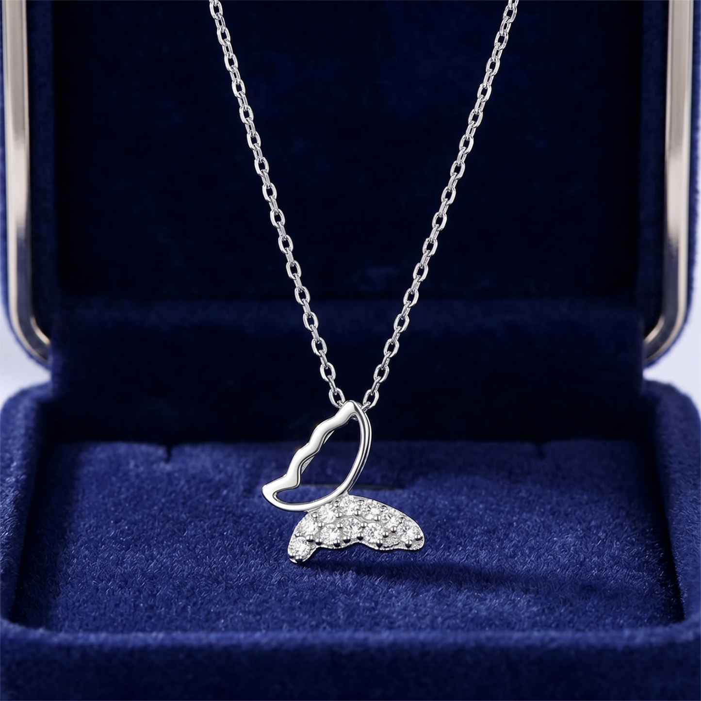 Rhodium on Sterling Silver Butterfly Charm Half Paved CZ Crystal Necklace Jewellery 45cm 17.7''