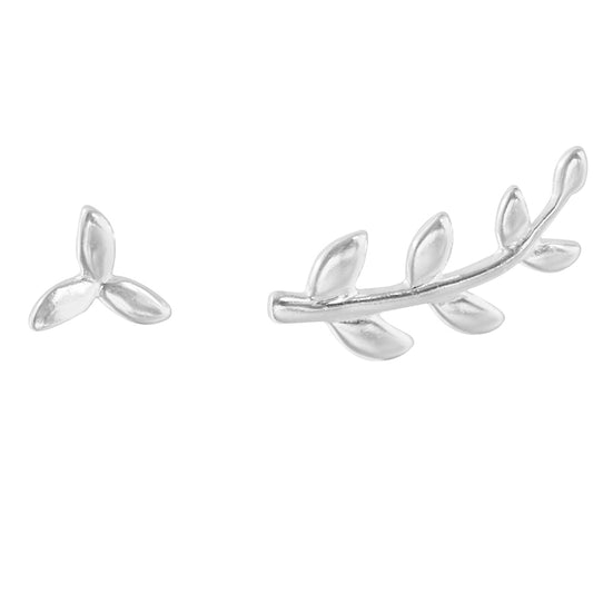 Sterling Silver Mismatch Leaf Stud Climber Stud Earrings