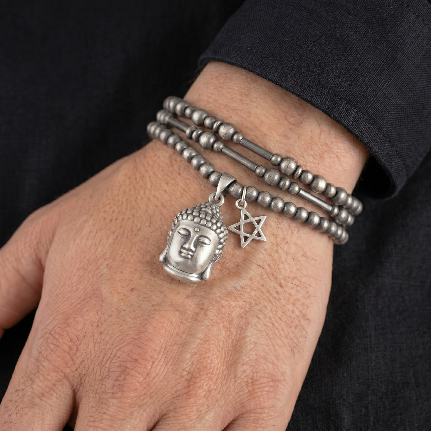 Fine Silver Oxidised 999 Matte Hollow 3D Buddha Head Pendant