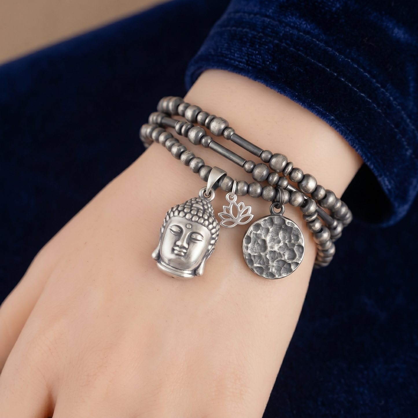 Fine Silver Oxidised 999 Matte Hollow 3D Buddha Head Pendant