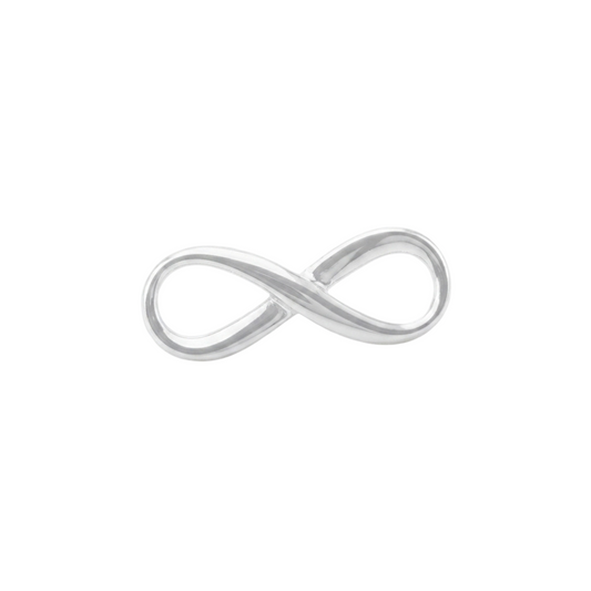 Silver infinity connector charm with two interlocking loops, polished metal finish