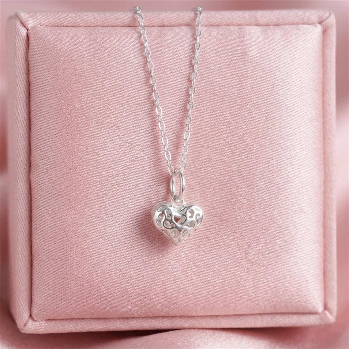 Sterling Silver 3D Hollow Out Filigree Love Heart Charm Pendant