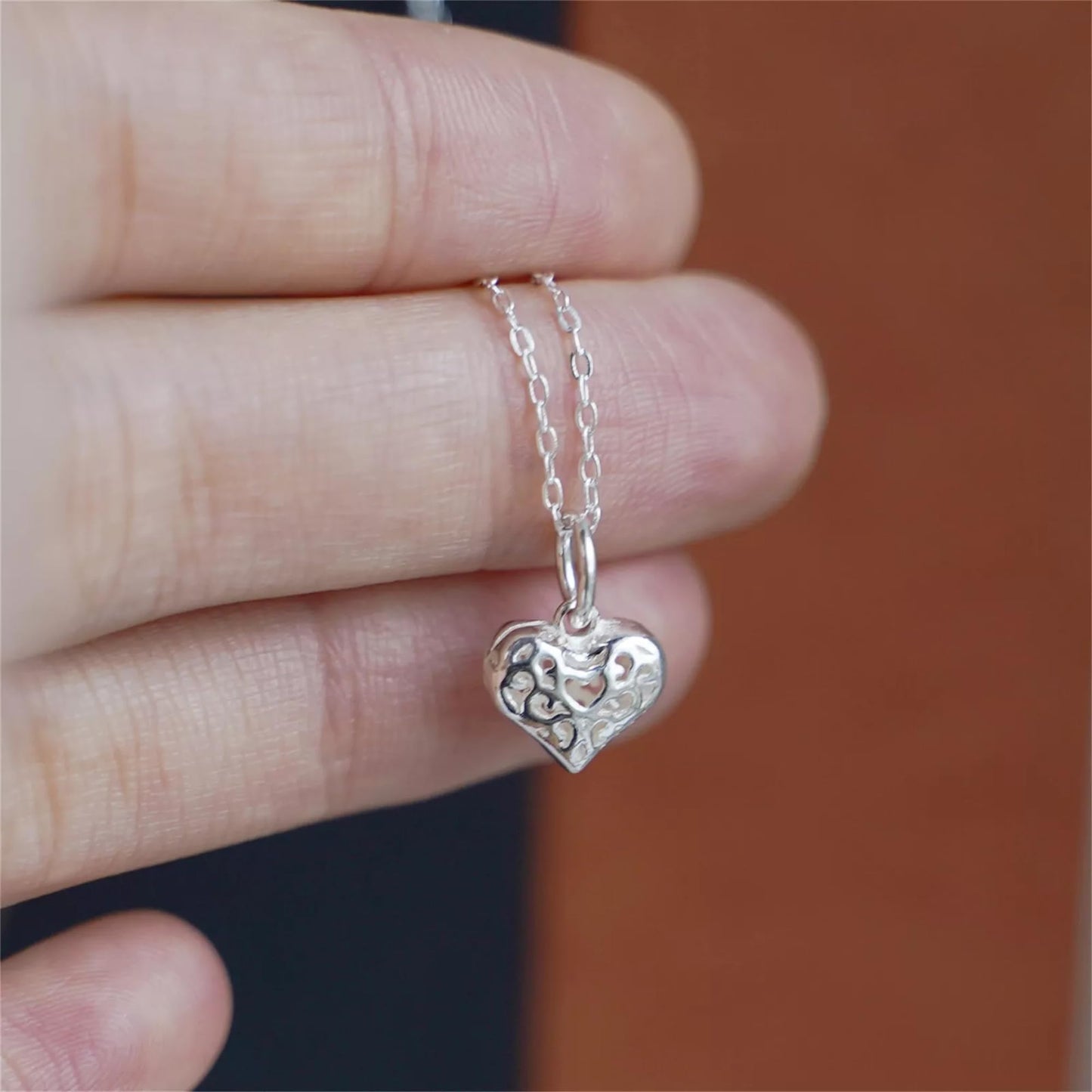 Sterling Silver 3D Hollow Out Filigree Love Heart Charm Pendant