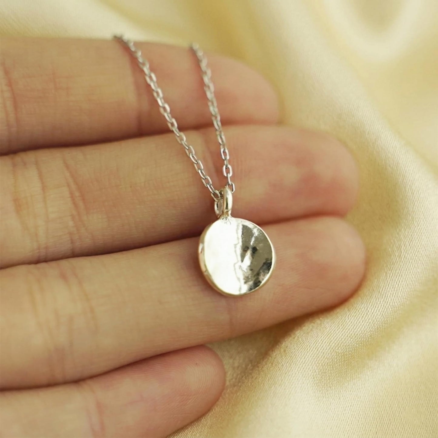 Sterling Silver Solid Concave Hammered Bent Round Dot Disc Pebble Circle Charm