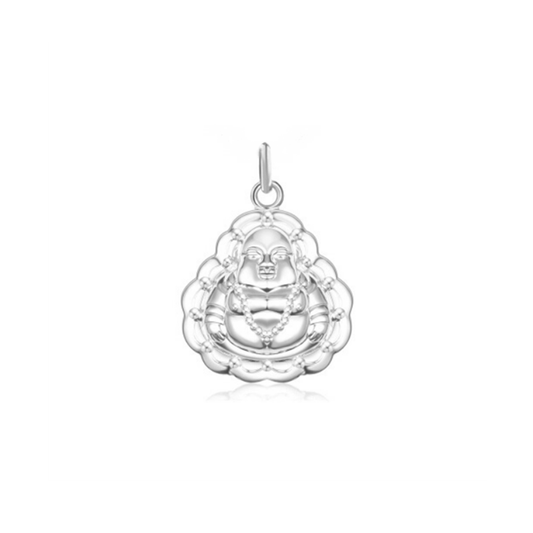 Fine silver happy Buddha pendant, front relief with loop bail and layered decorative border details.