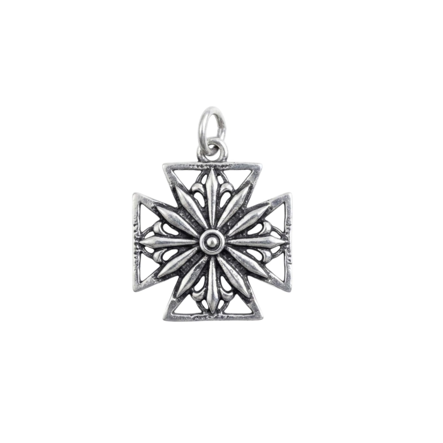 Sterling Silver Oxidised Maltese Cross Fleur De Lis Star Cross Charm Pendant