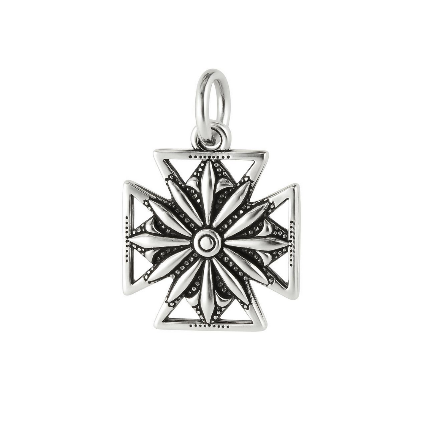 Sterling Silver Oxidised Maltese Cross Fleur De Lis Star Cross Charm Pendant