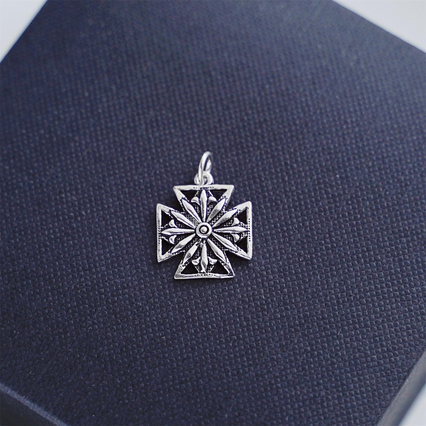 Sterling Silver Oxidised Maltese Cross Fleur De Lis Star Cross Charm Pendant