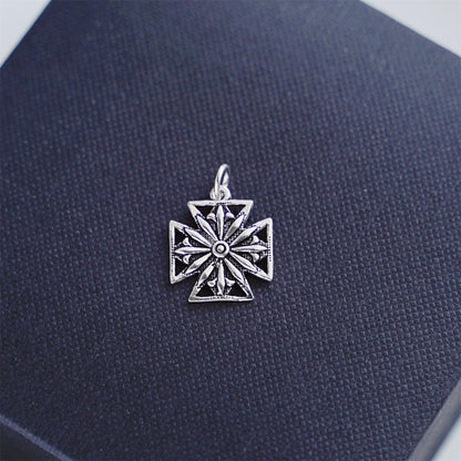 Sterling Silver Oxidised Maltese Cross Fleur De Lis Star Cross Charm Pendant