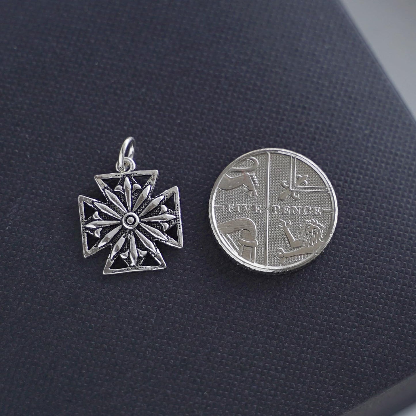 Sterling Silver Oxidised Maltese Cross Fleur De Lis Star Cross Charm Pendant