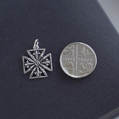 Sterling Silver Oxidised Maltese Cross Fleur De Lis Star Cross Charm Pendant