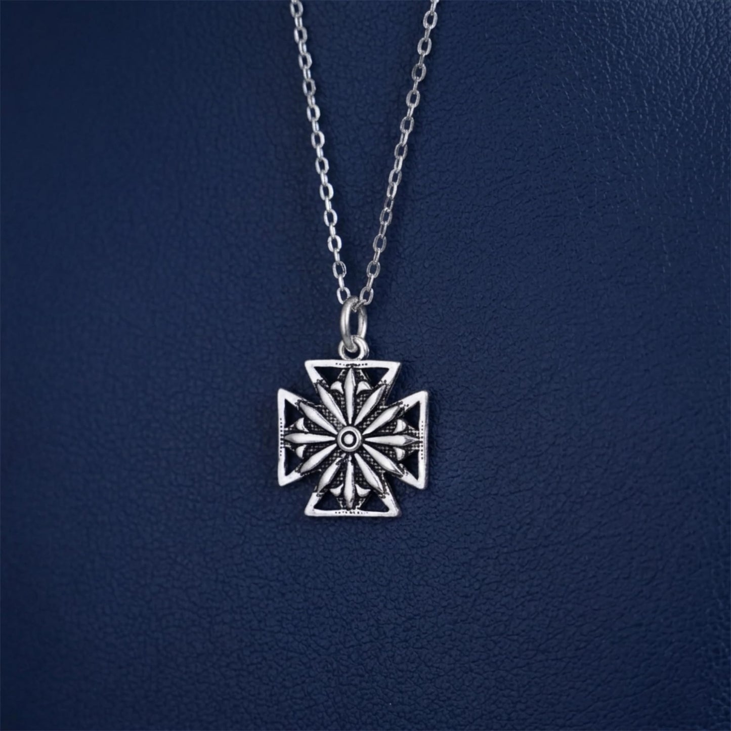 Sterling Silver Oxidised Maltese Cross Fleur De Lis Star Cross Charm Pendant