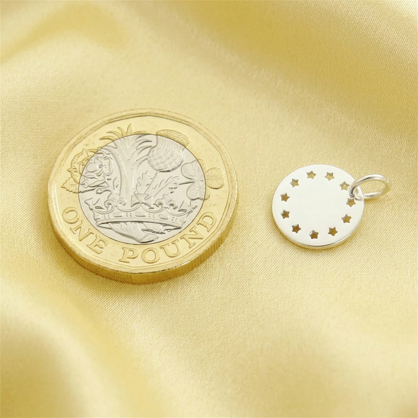 Shiny Disc Star Charm small silver round pendant disc with star design and hanging loop