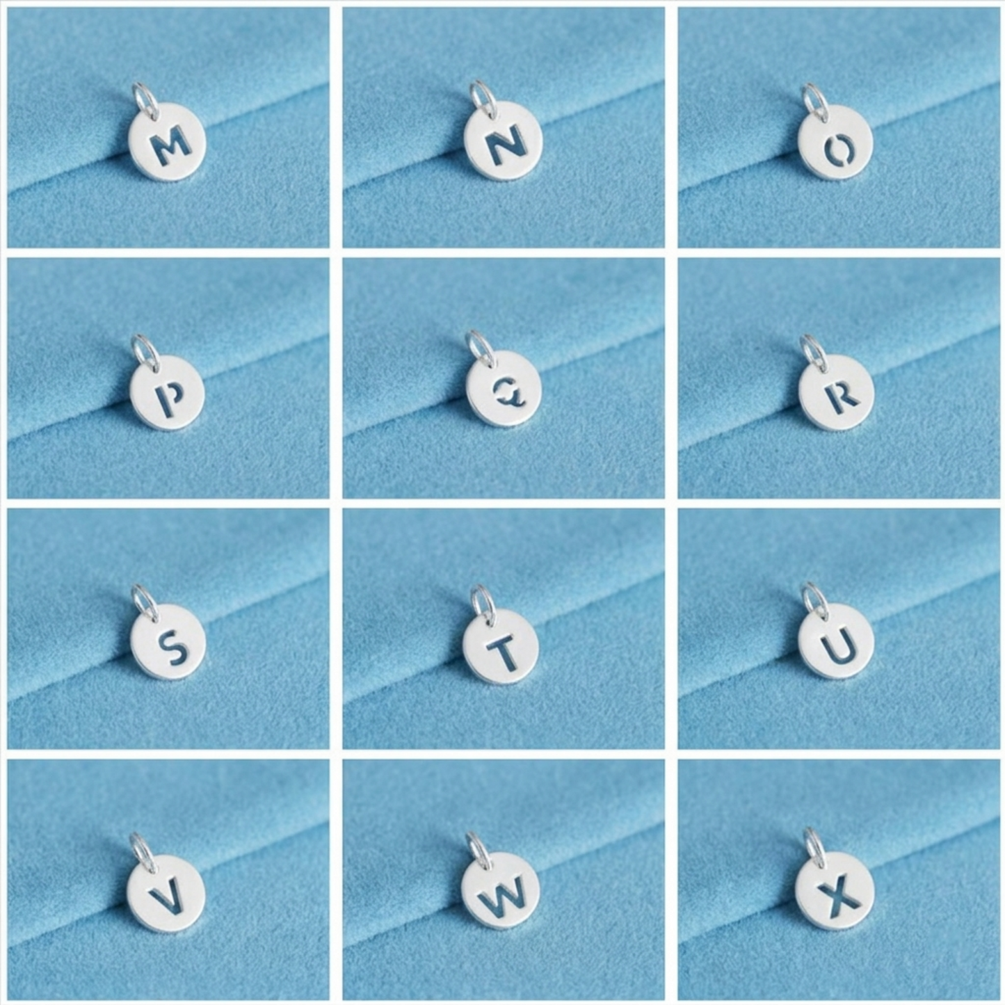 Silver hollow alphabet disc charm set with letters M–X shown on loop bails