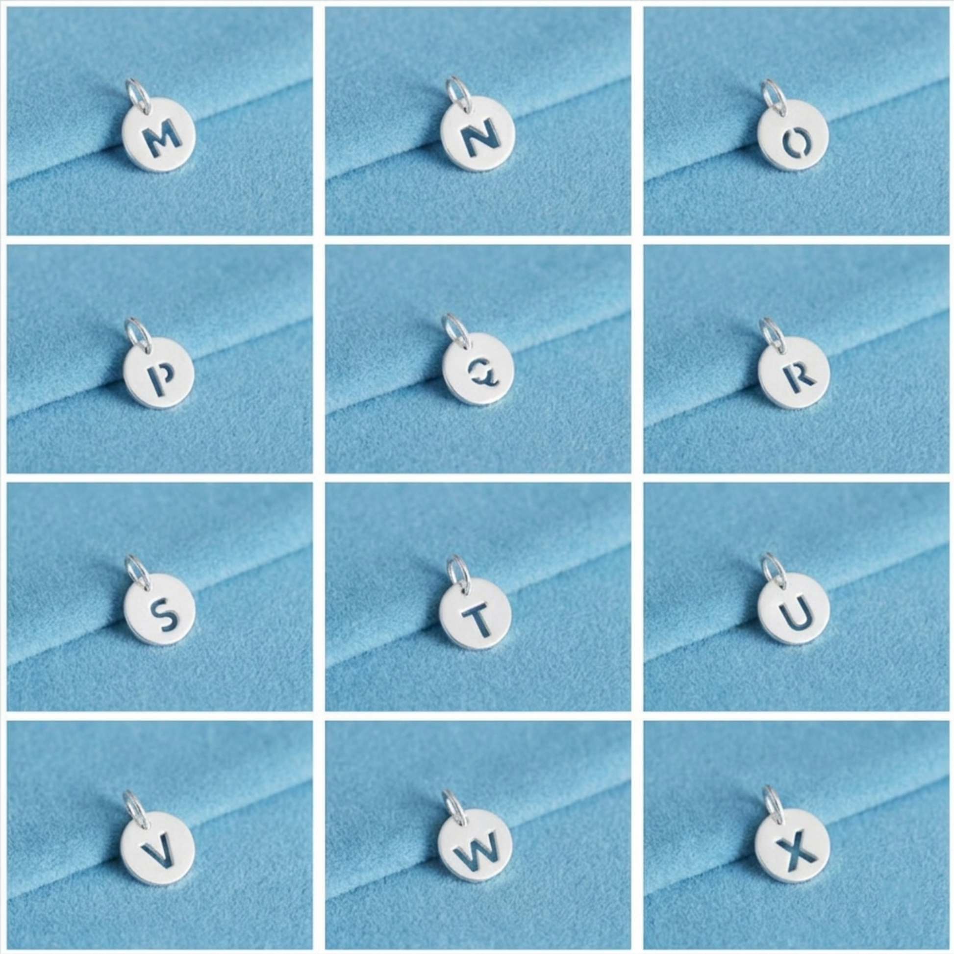 Silver hollow alphabet disc charm set with letters M–X shown on loop bails