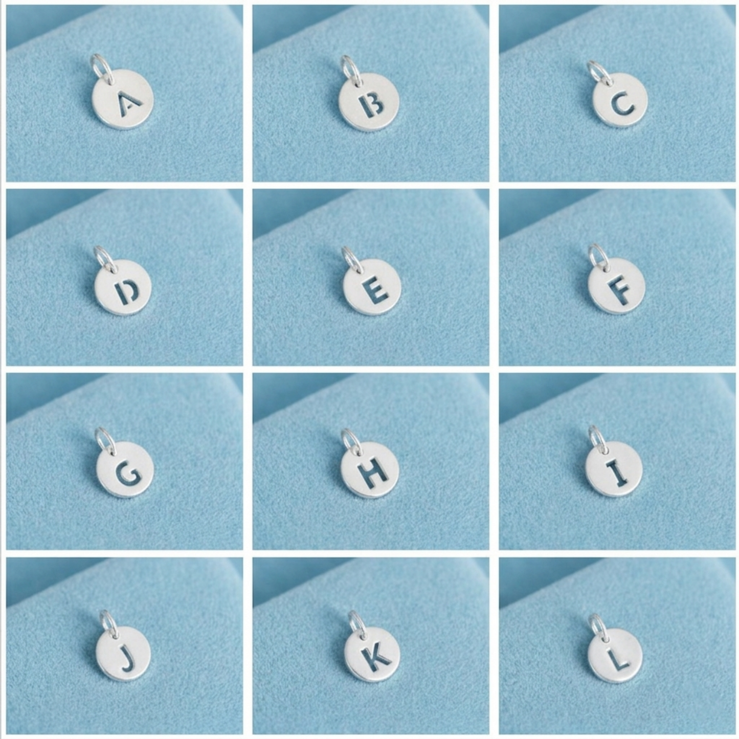 Silver hollow alphabet disc charm set with letters A–L shown on loop bails