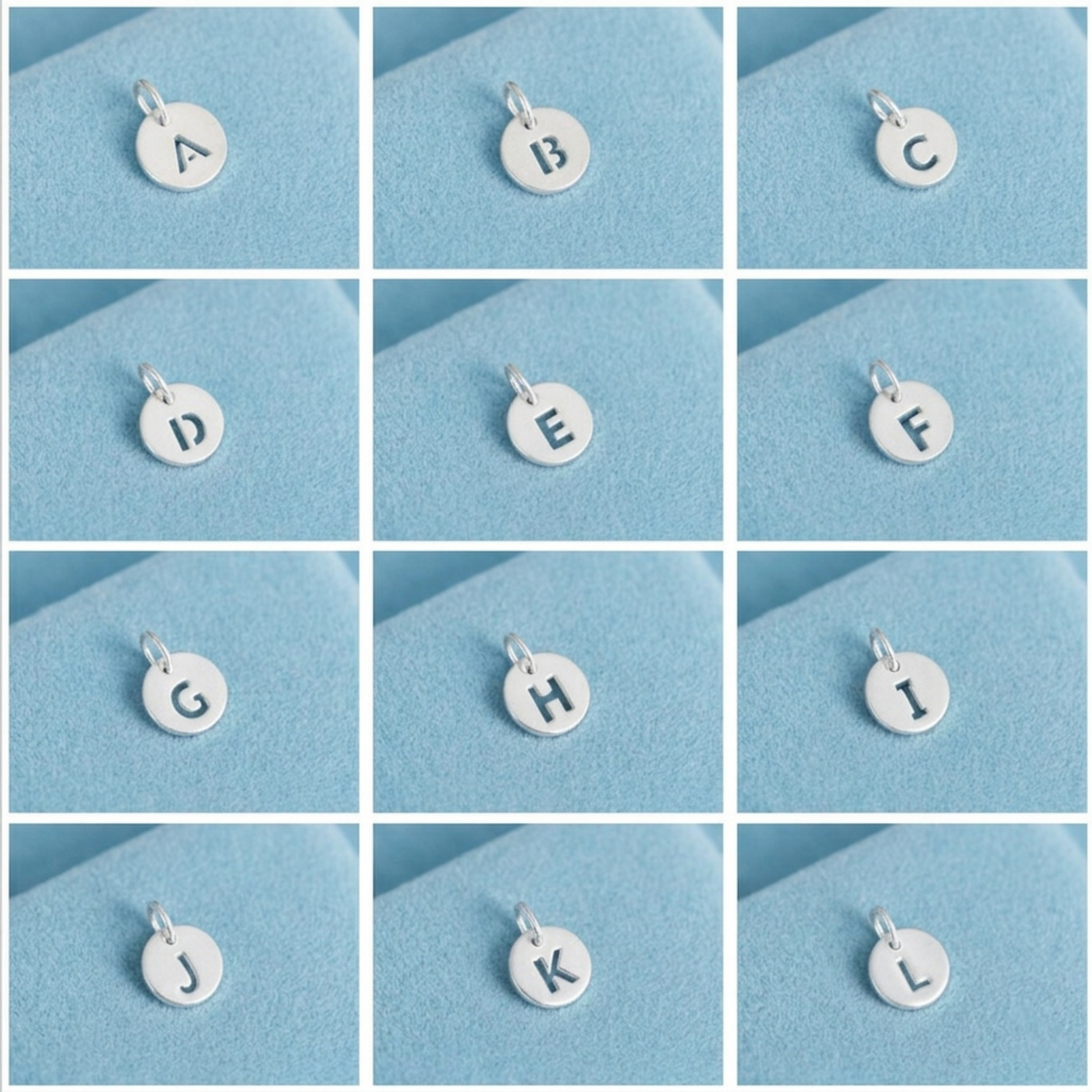 Silver hollow alphabet disc charm set with letters A–L shown on loop bails