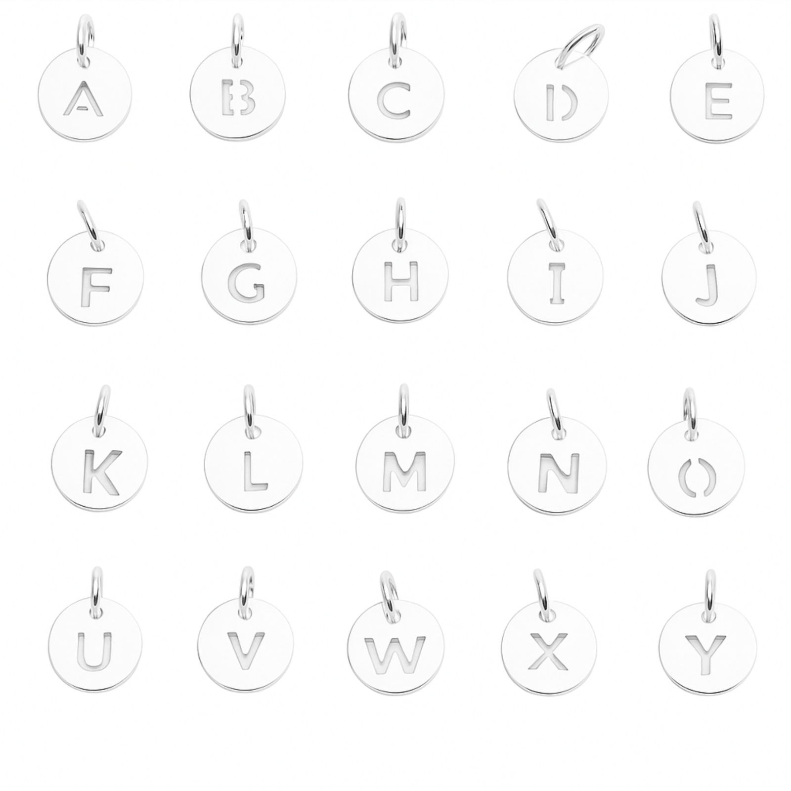 Silver hollow alphabet disc charm set with letters A–J on loop bails